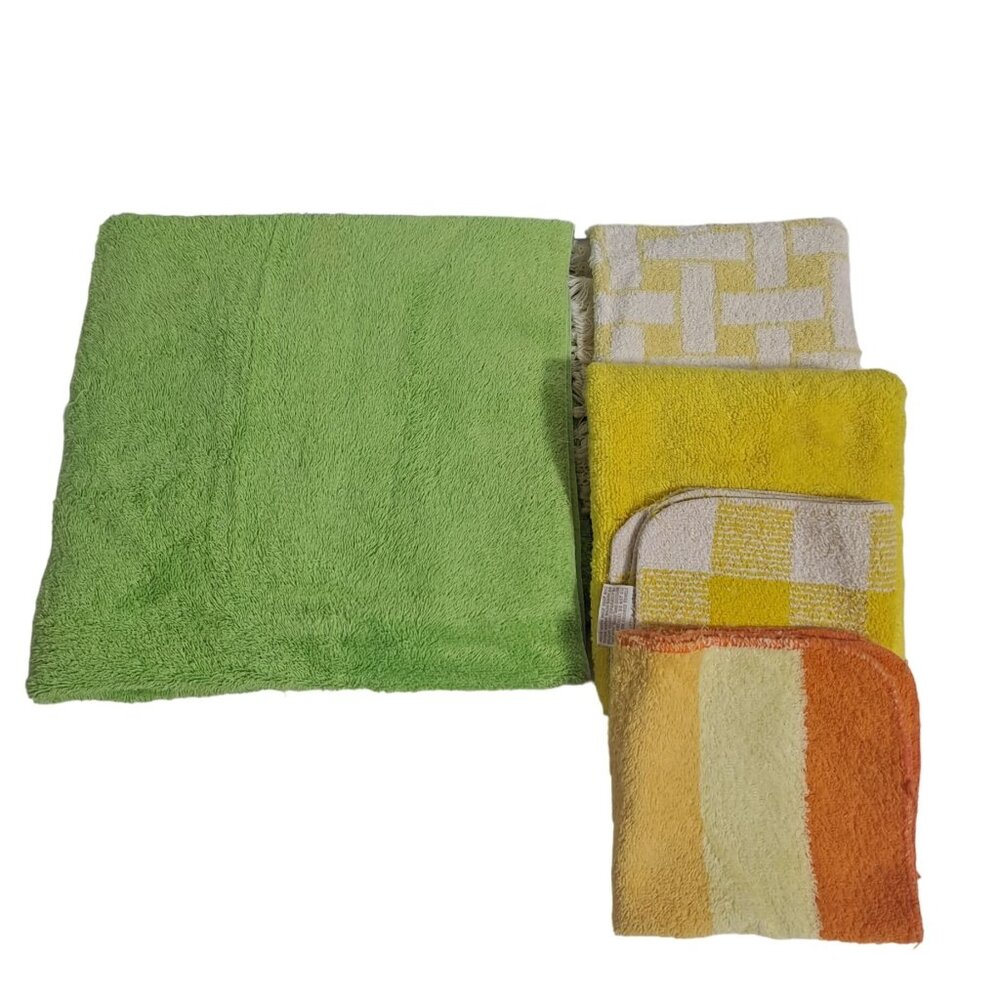 Vintage Utica JP Stevens Bath Hand Towel Washcloth Set Green Retro Soft 60s 70s
